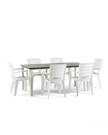 Ensemble table 180x90 cm et 6 chaises en résine blanc/gris