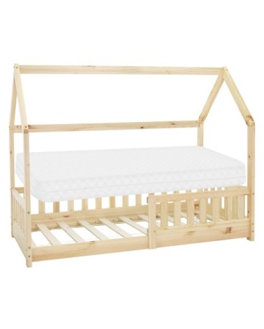 Lit cabane enfant 80x160 cm sommier matelas et barrière inclus beige