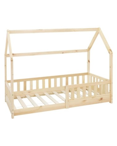 Lit cabane enfant 80x160 cm sommier et barrière inclus bois beige