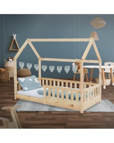 Lit cabane enfant 80x160 cm sommier et barrière inclus bois beige