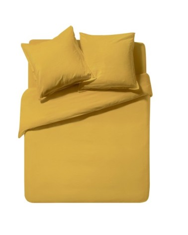 Drap housse uni en coton lavé Jaune Curry 90x200