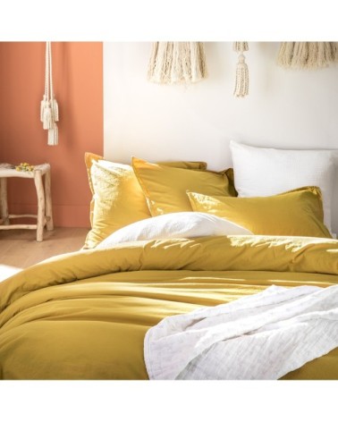 Drap housse uni en coton lavé Jaune Curry 160x200