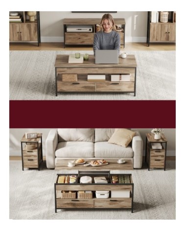 Table basse avec plateau relevable 120 x 50cm marron camel et noir