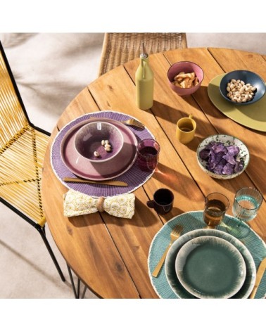 Assiette à dessert en grès bleu vert et écru