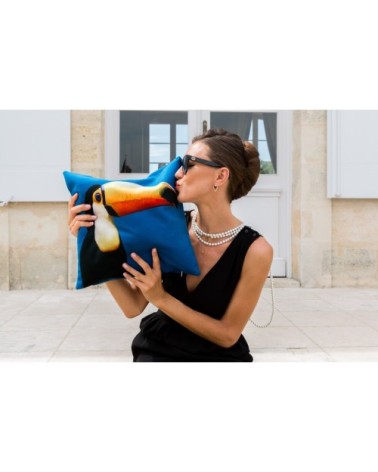 Coussin velours carré imprimé animaux  bleu canard 40x40