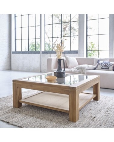 Table basse en teck massif vitrée