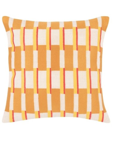 Housse de coussin en coton motifs brodés orange, jaunes et écrus 40x40