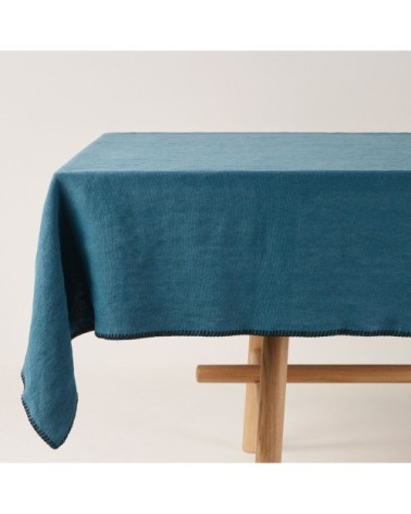 Nappe rectangulaire 140x250 cm Indigo et feston noir en Lin