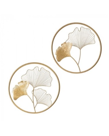 Set de 2 décorations murales rondes feuilles gingko métal doré