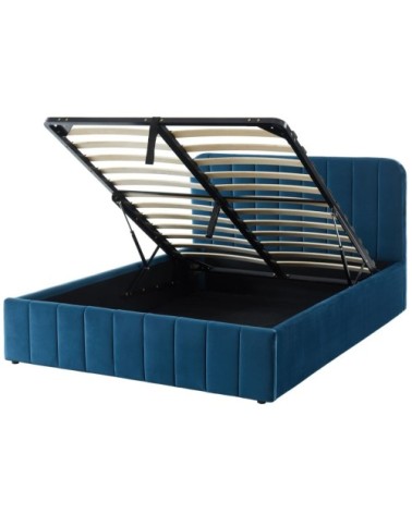 Lit coffre 140x190cm en velours bleu + tête de lit + sommier à lattes
