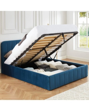 Lit coffre 140x190cm en velours bleu + tête de lit + sommier à lattes
