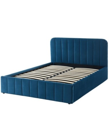 Lit coffre 140x190cm en velours bleu + tête de lit + sommier à lattes