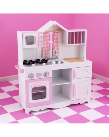 Cuisine pour enfants campagnarde en bois rose en blanc