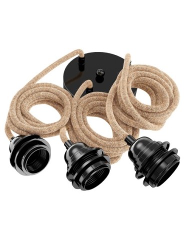 Suspension 3 fils électriques en tissu ficelle 2,5m douille noire