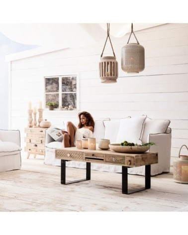 Table basse en manguier sculpté et acier