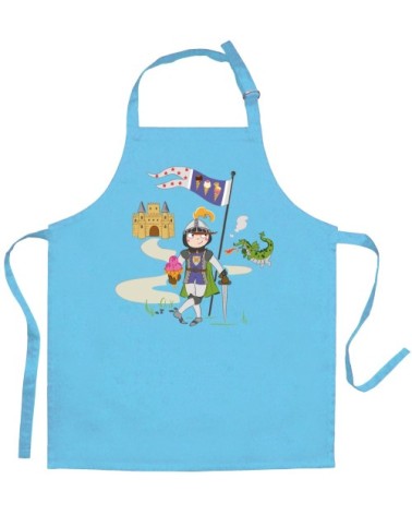 Tablier enfant chevalier et dragon en coton turquoise 52 x 63