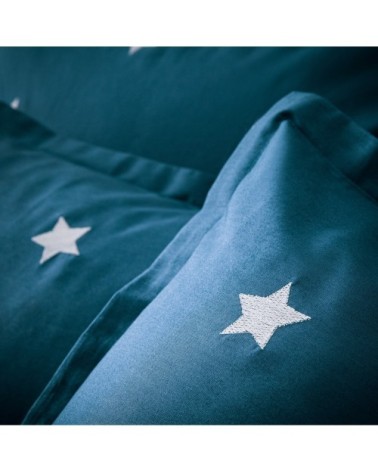 Set de 2 taies doreiller brodées percale BIO Bleu Paon 50x70cm