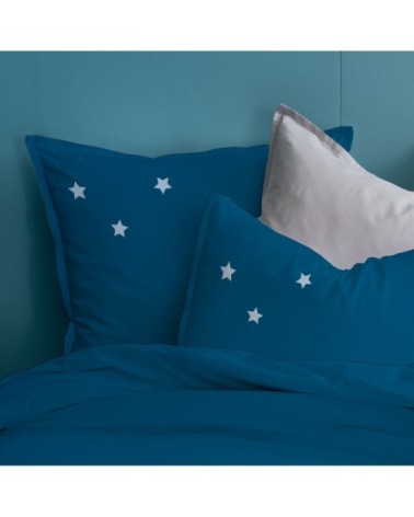 Set de 2 taies doreiller brodées percale BIO Bleu Paon 50x70cm