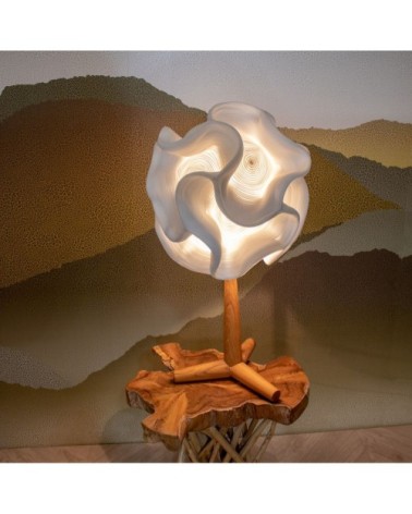 Lampe à poser en zipper ivoire pied en teck H64