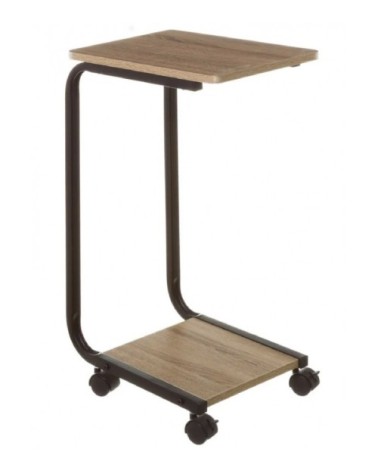 Table d'appoint bout de canapé en bois et métal noir sur roulettes
