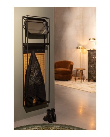 Vestiaire d'entrée avec miroir en métal et cannage rotin