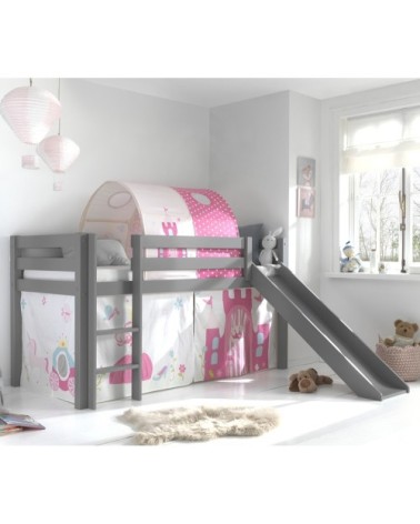 Lit mi-hauteur 90x200 toboggan sommier inclus housse princesse gris