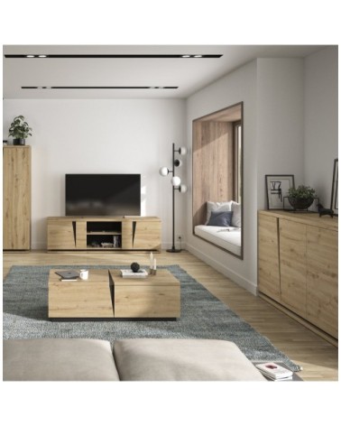 Table basse 1 Tiroir 1 Niche  L114 cm - Décor chêne et noir