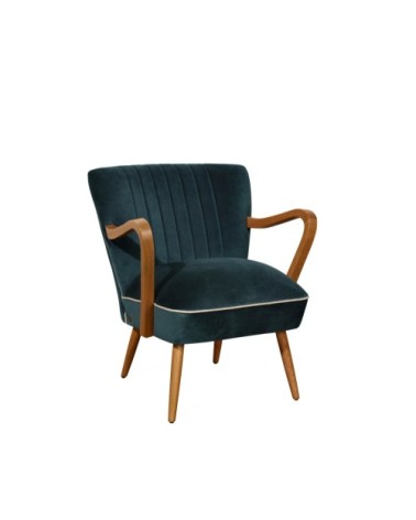 Fauteuil vintage en chêne et velours bleu paon