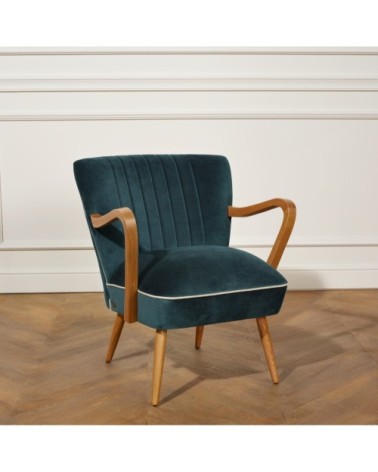 Fauteuil vintage en chêne et velours bleu paon