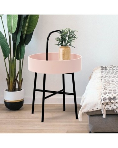 Bout de canapé avec plateau en mdf rose et structure métallique