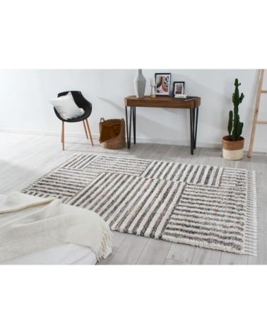 Tapis de salon à franges - motif graphique gris - 200x290cm