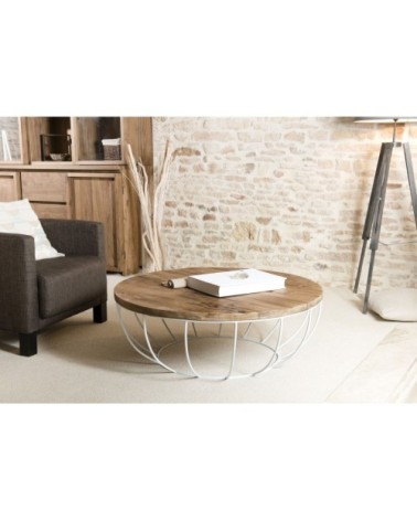 Table basse coque en teck recyclé métal blanc D100