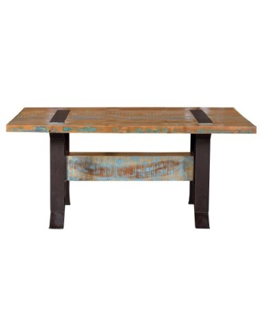 Table en bois recyclé et piètement en métal multicolore