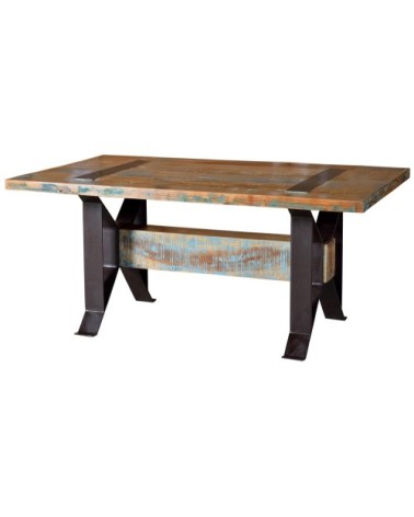 Table en bois recyclé et piètement en métal multicolore