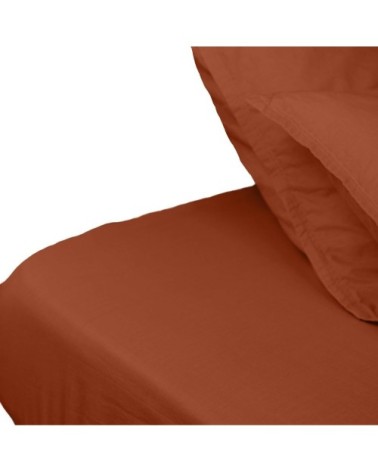 Drap housse en percale lavée bonnet 30 cm  terracota 140x190 cm
