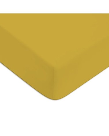 Drap housse en coton 57 fils uni jaune moutarde 180x200cm