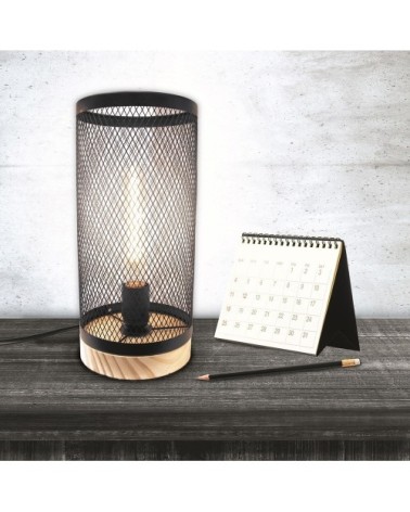 Lampe cylindre grille en métal noir et bois