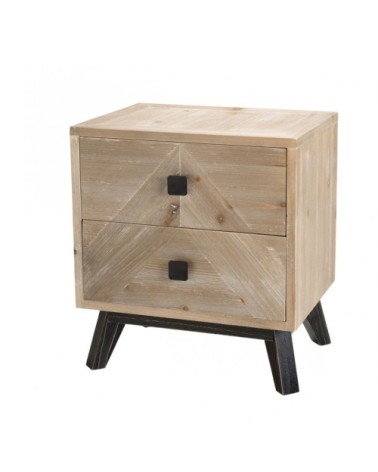Chevet 2 tiroirs beige pieds en sapin noir