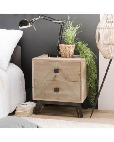 Chevet 2 tiroirs beige pieds en sapin noir