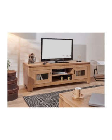 Meuble TV bas moderne en chêne clair 2 portes 2 niches