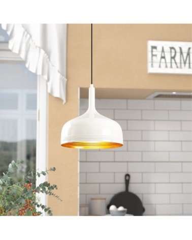 Suspension avec abat-jour en métal blanc et détails dorés