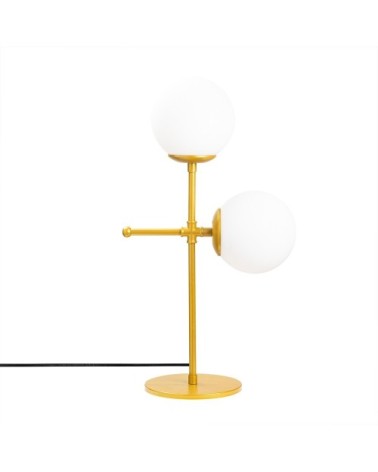 Lampe de table dorée 2 lumières avec sphères en verre blanc