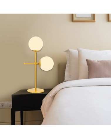 Lampe de table dorée 2 lumières avec sphères en verre blanc