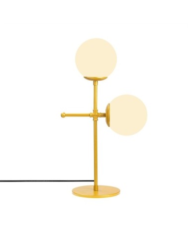 Lampe de table dorée 2 lumières avec sphères en verre blanc