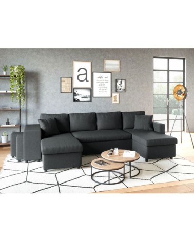 Canapé d'angle panoramique avec poufs en tissu - gris foncé