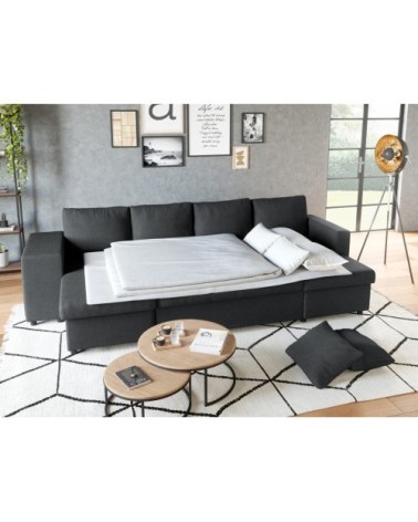 Canapé d'angle panoramique avec poufs en tissu - gris foncé