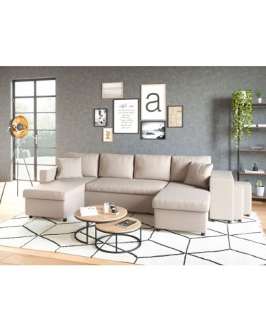 Canapé d'angle panoramique avec poufs en tissu - beige