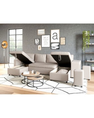 Canapé d'angle panoramique avec poufs en tissu - beige