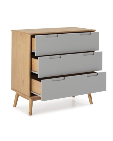 Commode de nuit avec 3 tiroirs, bois massif, 80 cm longueur