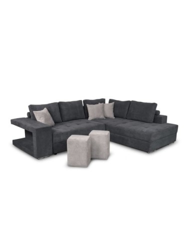 Canapé d'angle droit convertible avec 2 poufs en tissu - gris